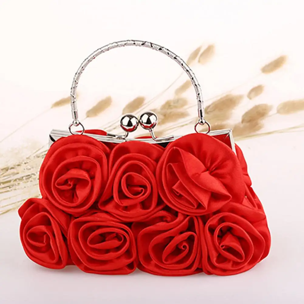 Women Girls Silk Rose Flower Handbag Wedding Bridal Clutch Bag Metal Chain Shoulder Bag Lady Crossbody Bags Purse Chic Tote Bag