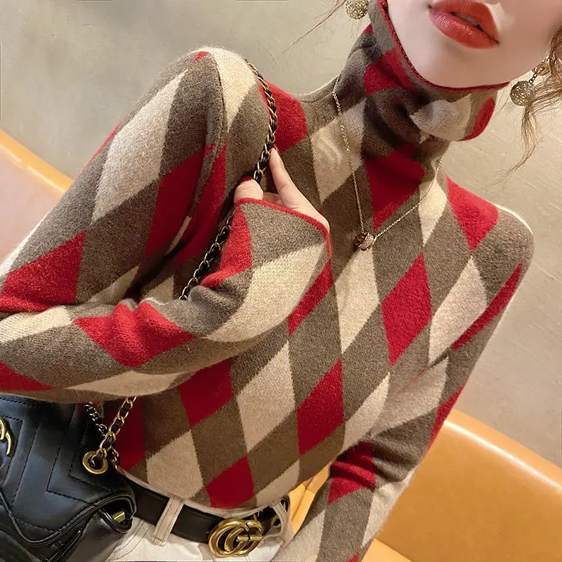 Vintage Turtleneck Geometric Bottoming Shirt Women Autumn Winter Fashion Loose Sweater Simplicity Office Lady Knitwear Tops