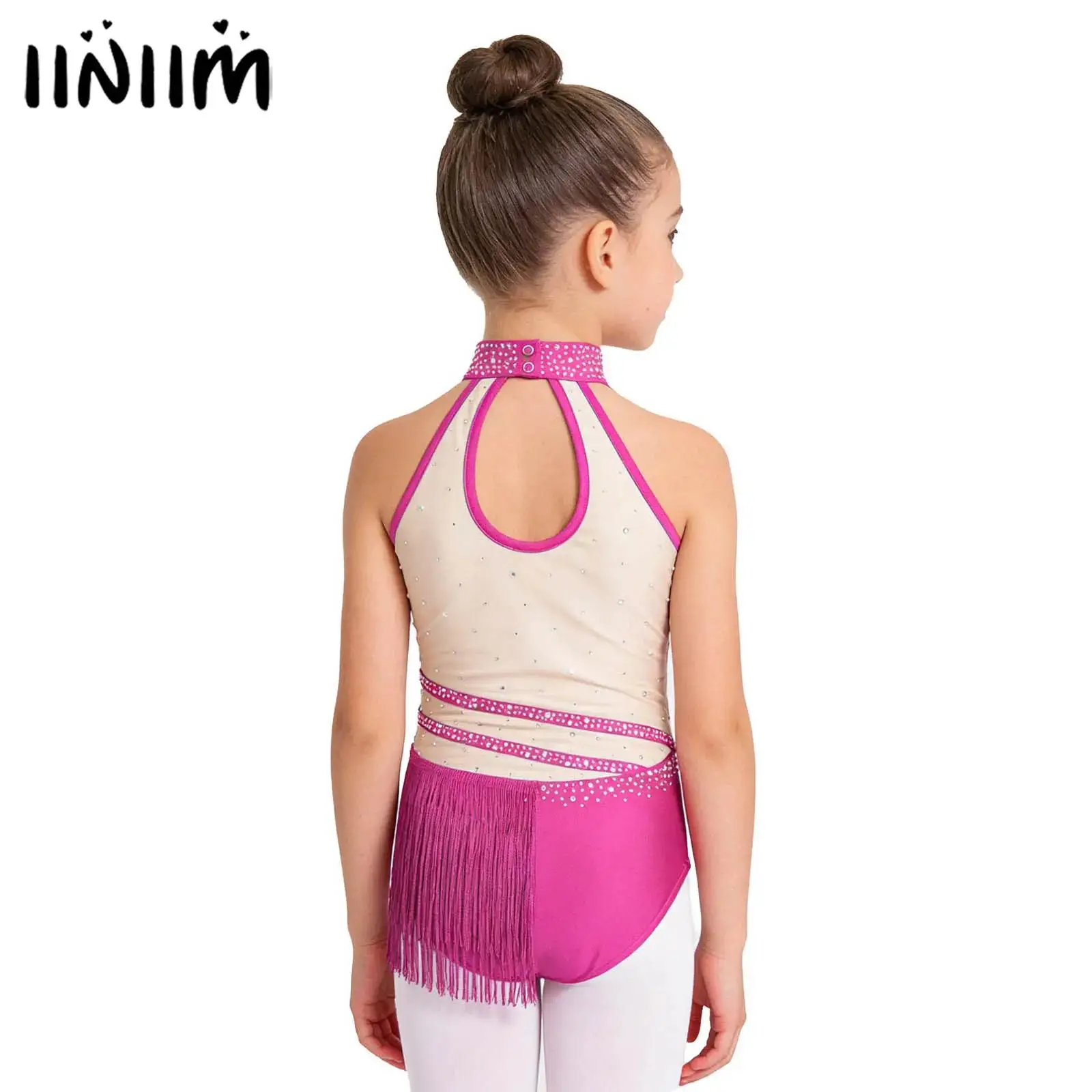 

Детские гимнастические купальники для девочек с бахромой, костюм для балета и латиноамериканских танцев, с блестящими стразами, боди с бахромой