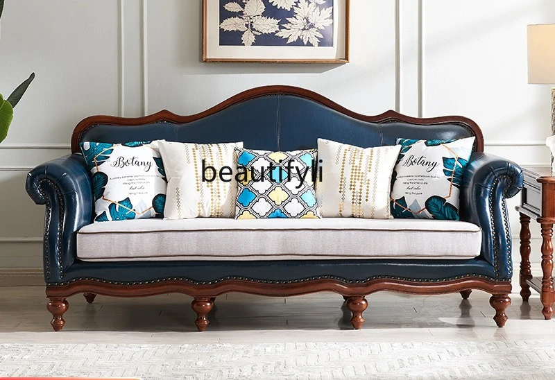 

American rural solid wood leather sofa fabric cushion sofa living room light luxury sofa