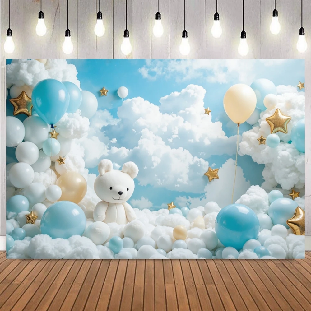 Newborn Birthday Party Backdrop Hot Air Balloon Cloud Dolls Bear Pink Blue Themed Birthday Party Decoration Photo background