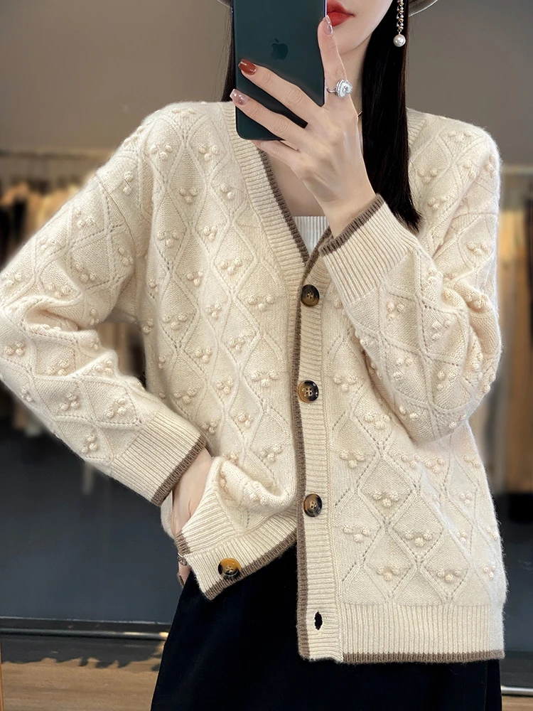 

Women's Cardigan 100% Merino Wool Sweater Solid Long-Sleeved Female Fall Winter V-Neck Knitted Jacket Loose Soft Oversize Coat