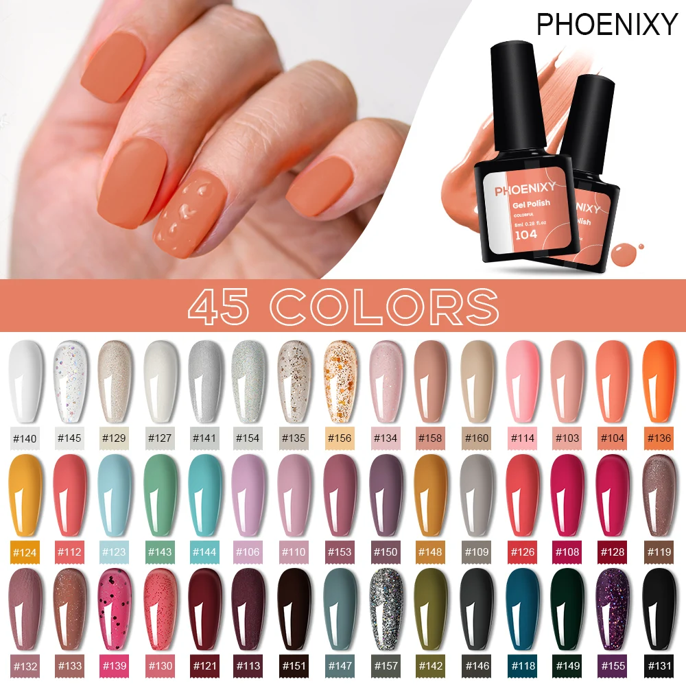 Phoenixy 8ML เจลเล็บชุด 45/30 สีเล็บชุดสีแดงสีชมพูสีเขียวสีฟ้าที่มีสีสันเจลเคลือบเงาเล็บ Art Design เล็บเจลชุด