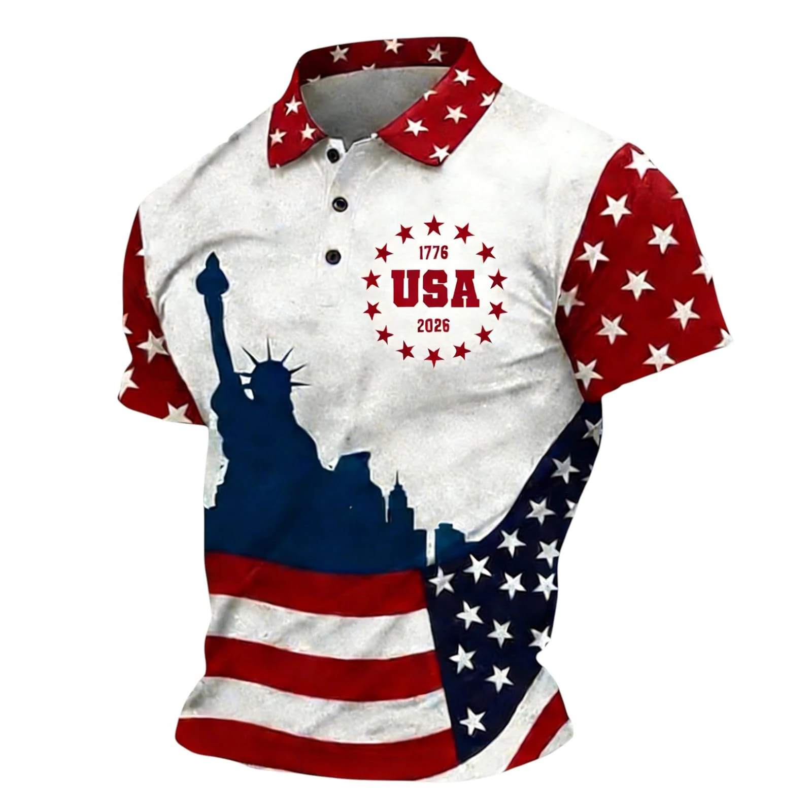 New We The People, Men's 250th Anniversary National Flag Print Casual Short Sleeve Polo Shirt Cross Patriotic Tee