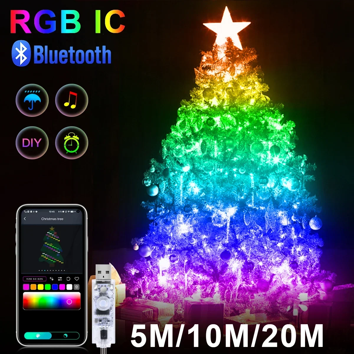 20M RGBIC USB 5V LED Sting LightบลูทูธเพลงAPP WS2812 โปรแกรมDIYไฟFairyวันเกิดParty Garlandตกแต่งคริสต์มาส