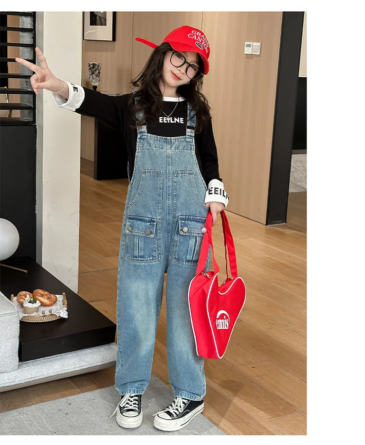 Frühlings- und Herbst-Kinder-Jumpsuit mit Tasche für Mädchen, Jeans-Latzhose, Kinder-Mädchen-Denim-Overalls für Teenager, Latzhose – Detail 7