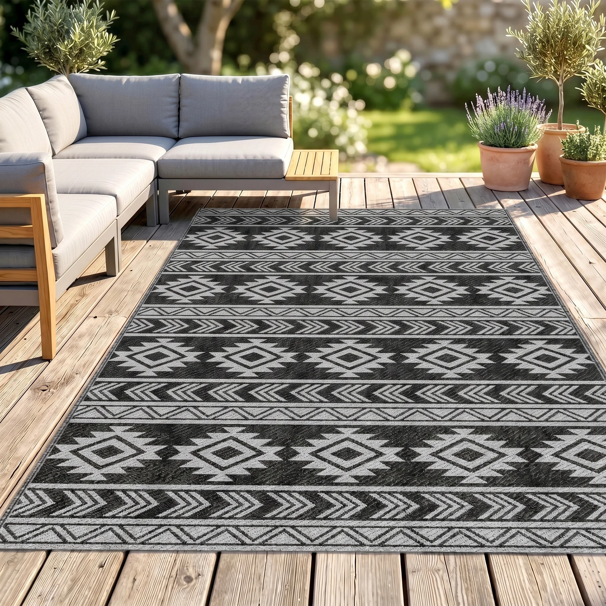 Tapis d'extérieur Outsunny, 182X274 cm, tapis réversible à motif géométrique, imperméable, anti-UV, pour terrasse, balcon, patio, camping, voyage en camping-car, noir et gris clair