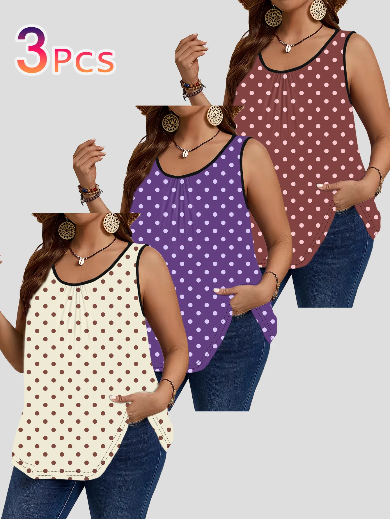 Conjunto de 3 piezas de chalecos sin mangas de talla grande | Estampado de lunares en tonos púrpura y marrón, estilo retro, corte holgado, cuello redondo, prenda de vestir informal para llevar sobre la ropa.