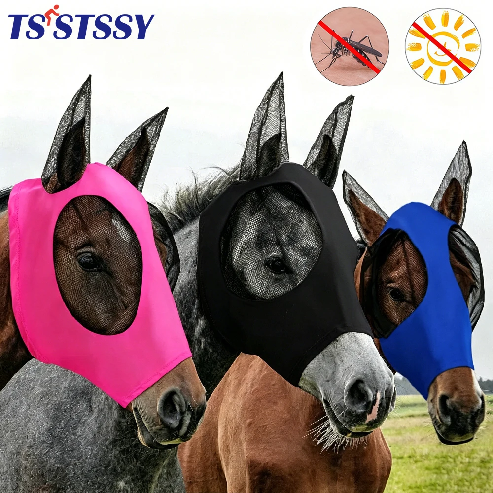 1Pcs Horse Fly Mask with Ears, Breathable Mesh Full Face Cover,UV Protection Large Eye Space Anti‑insect Horse Mask Pasture Barn