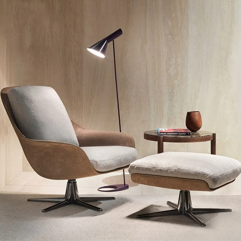 

Italian Minimalist Leather Sofa Chair Modern Office & Home Office Swivel Lounge Recliner with Metal Base for Living Room Leisure