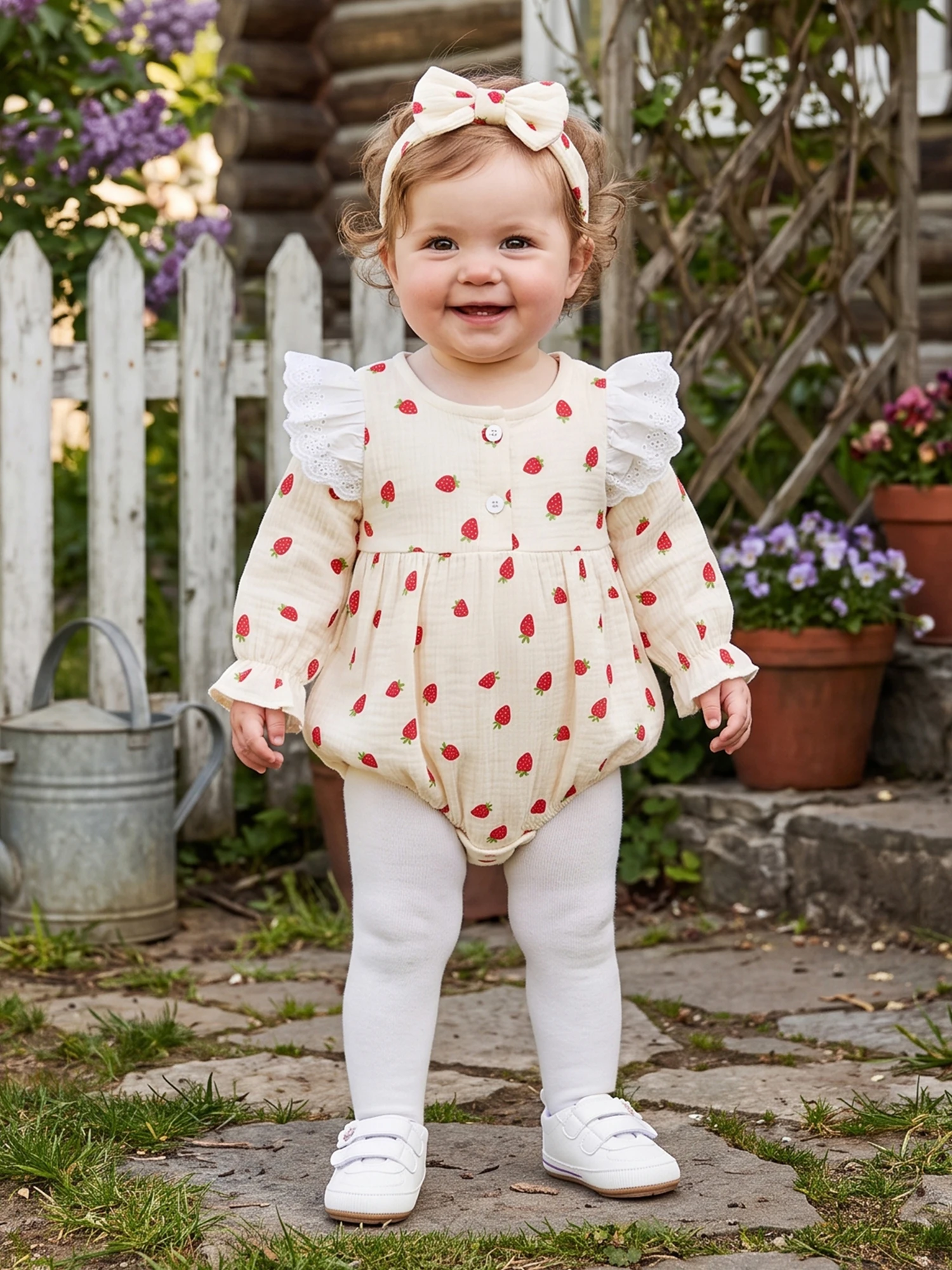 Girl Fall-Outfit Sleeve Romper Headband Long Sleeve Romper Fall-Outfit-Strawberry Tulip Ruffled Long Sleeve Romper Ruffled Long