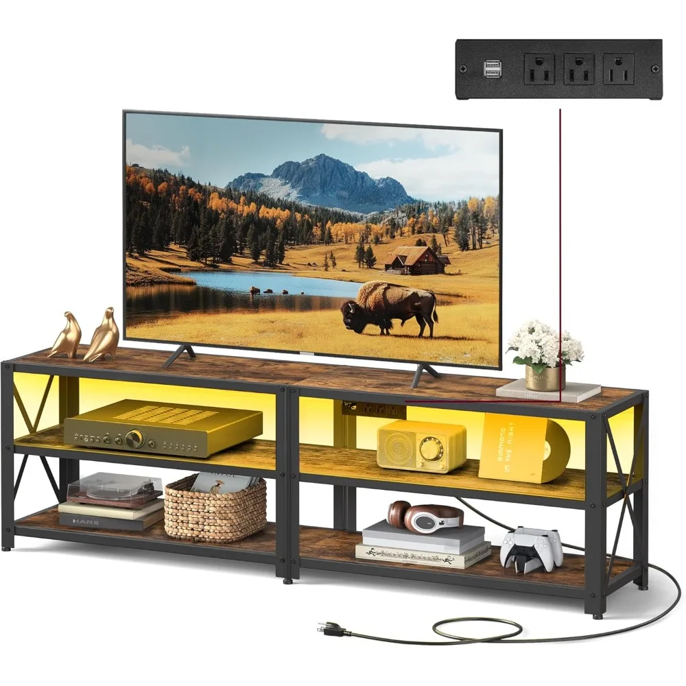 vasagle tv stand with power outlets and led lights, for tvs up to 65 inches, entertainment center with open storage shelves, tv