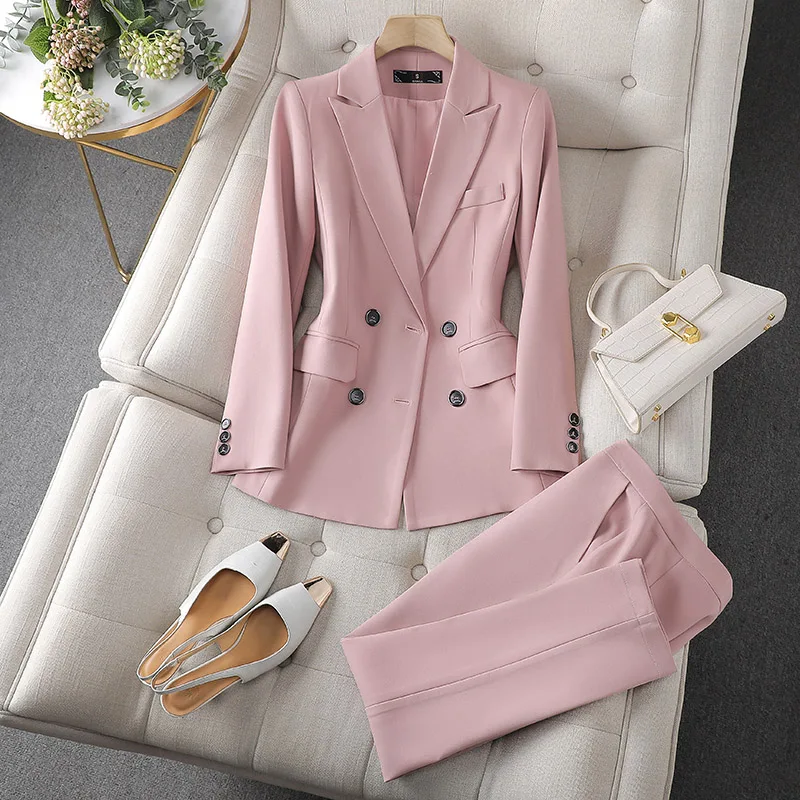 

Elegant Pink Women Formal Business Suits with Pants and Jackets Coat OL Styles Office Professional Pantsuits Trousers Set Blazer