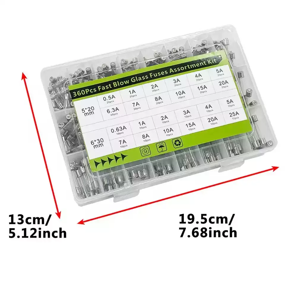 360Pcs/Box  5x20mm6x30mm Fast Glass Fuse Kit  0.63A-25A 0.5A-20A Insurance Tube Package Electronic Safety Fuses SetGlass Fuse As