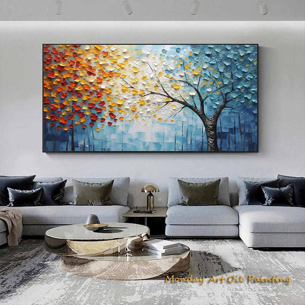 Hand Painted Large Original Tree Oil Painting On Canvas Forest Autumn Painting Living Room Art Heavy Textured Boho Wall Art