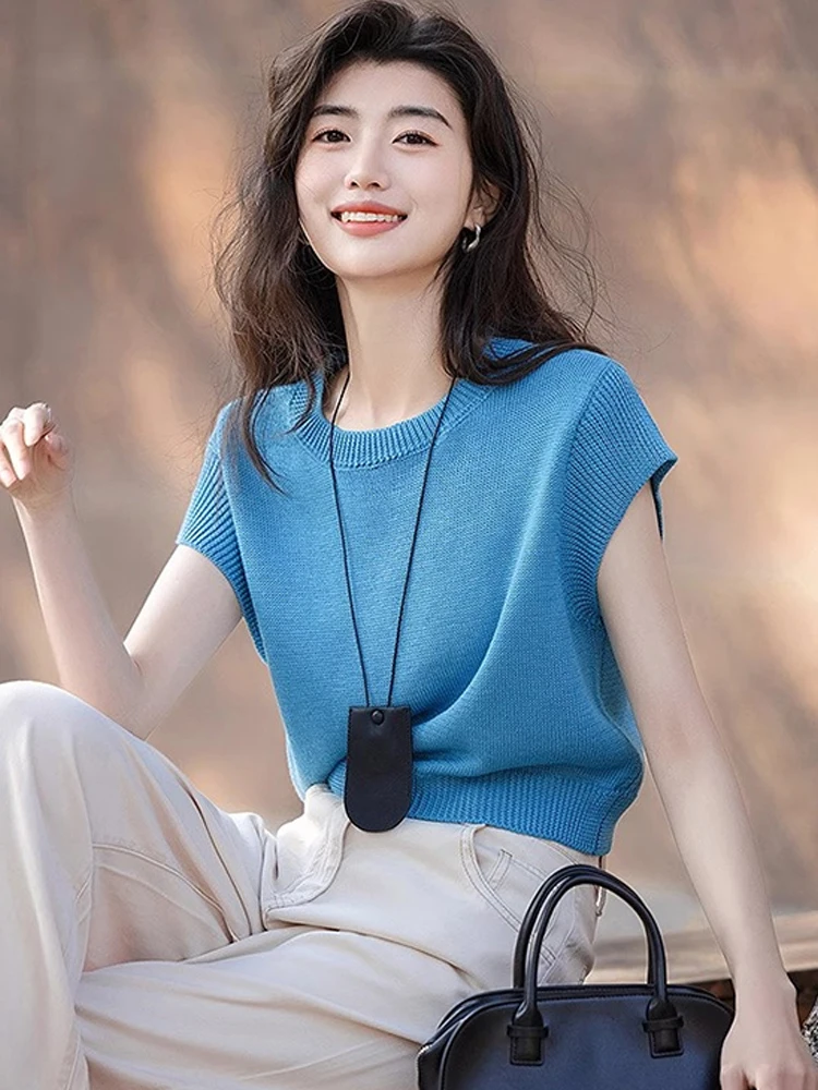 

Свободный летний трикотажный топ с круглым вырезом и коротким рукавом, корейская версия, визуально стройнящий, простой, для повседневной носки, женский, в стиле Poetic Lin