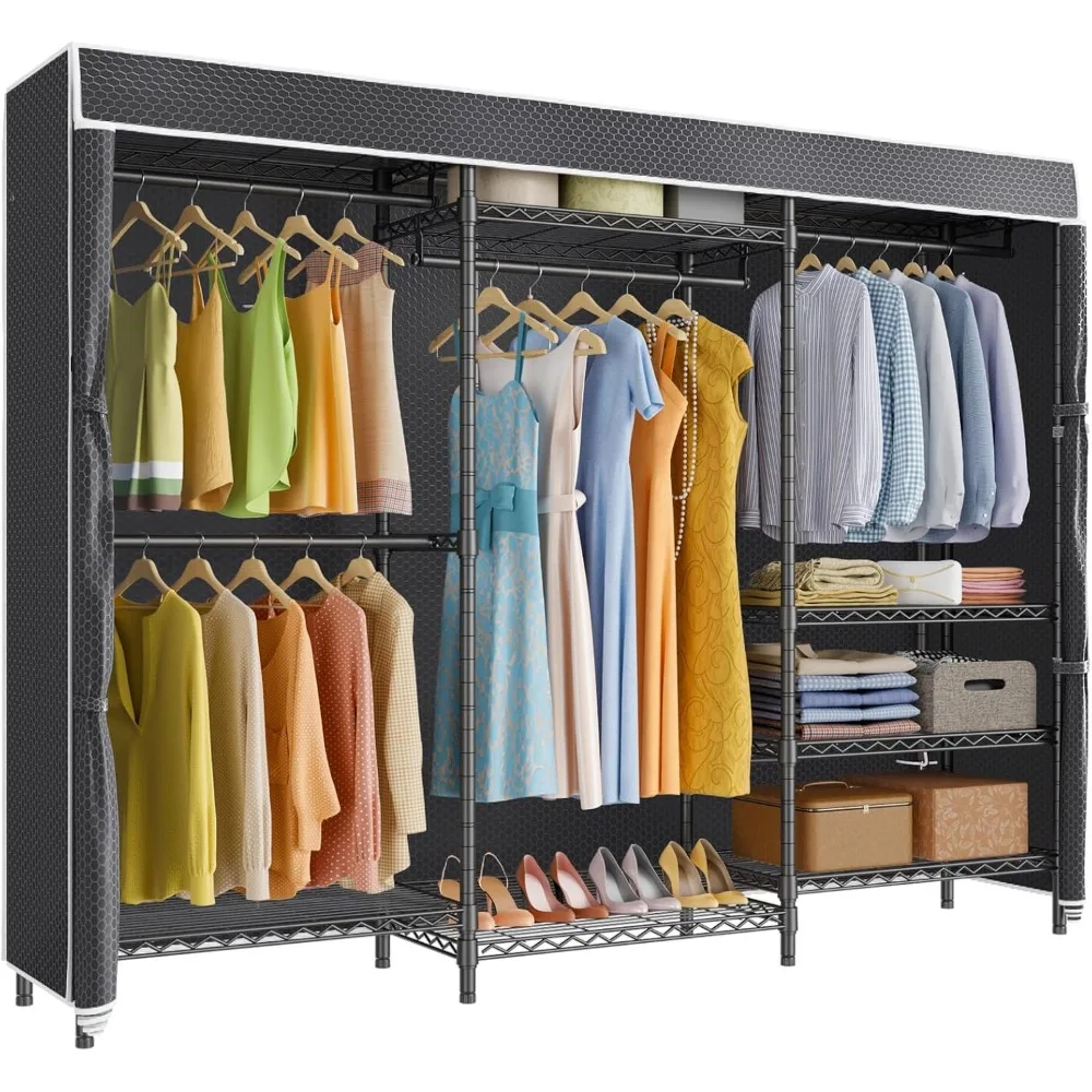 

Heavy Duty Portable Clothes Rack with Adjustable Shelves and Cover, Max Load 1040LBS, Black Metal Frame