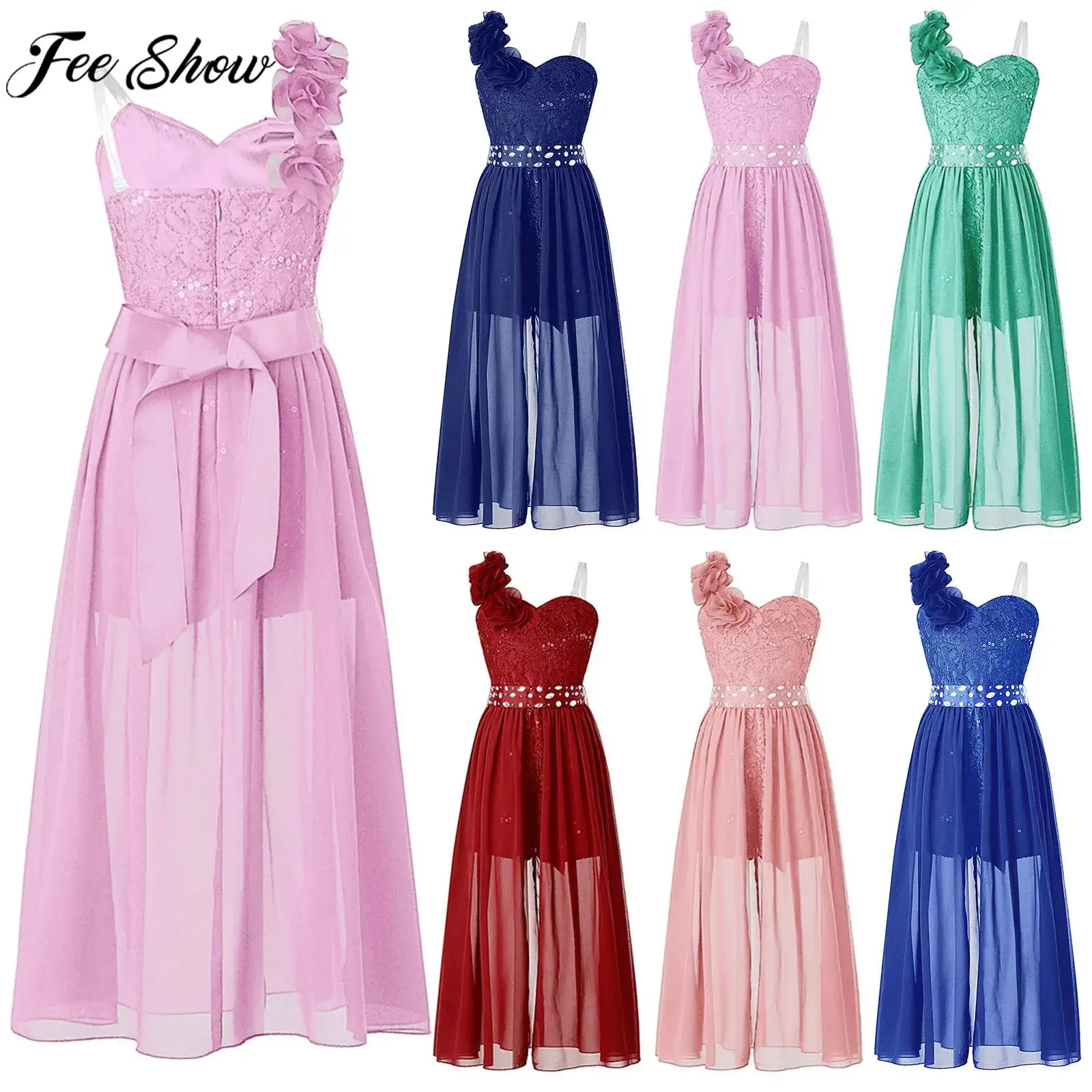 

Teens Girls Elegant Wedding Birthday Party Dress Shiny Sequin Beaded Applique Lace Chiffon Jumpsuit Dresses Prom Pageant Gown