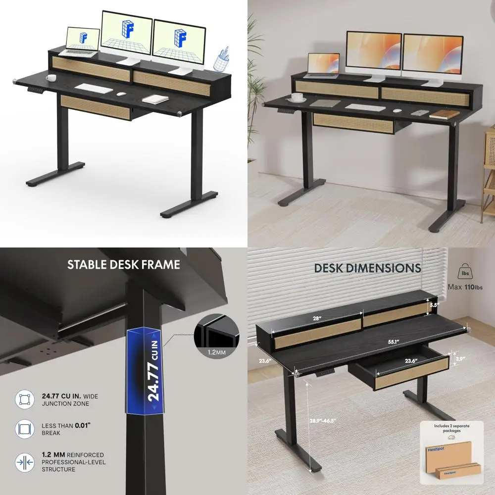مكتب قائم كهربائي قابل للتعديل مع أدراج من الروطان ورف شاشة، 55 بوصة × 24 بوصة