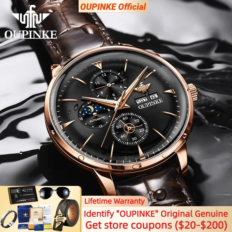 OUPINKE 3309 Automatic Mechanical Watch for Men Chronograph Moon Phase Waterproof Watches High-end Luxury Men's Watch