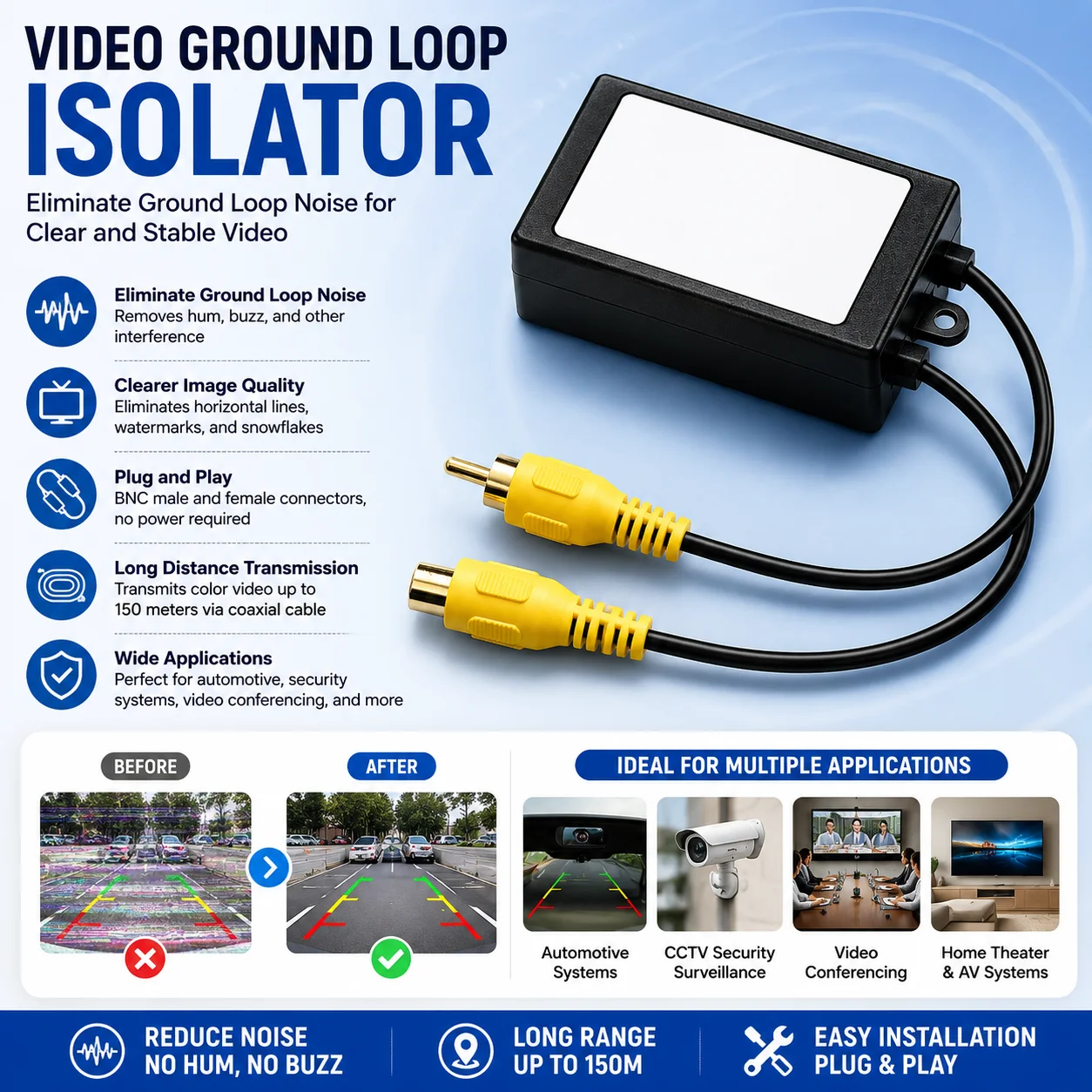Video Signal Isolator Ground Loop Noise Filter BNC Male To Female For Automotive In-Vehicle System Surveillance Security Camera