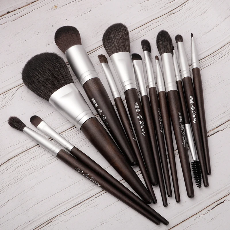 Natural Hair Synthetic Hair Aluminium Tube Ebony Handle 13 Pcs Black Charm Series Makeup Brush Set Factory Spot Sale