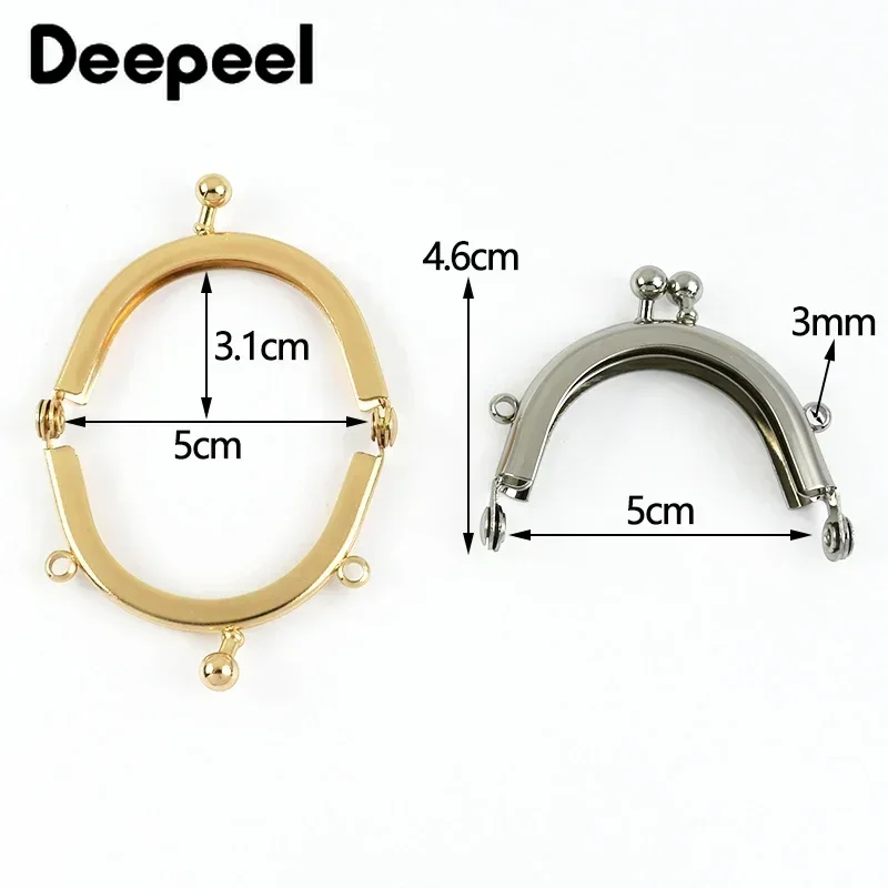 2/5Pcs 5cm Metal Kiss Lock Purse Frame Arc Clasp with Chain Loops for Coin Mini Bag Handle DIY Sewing Craft Hardware Accessories