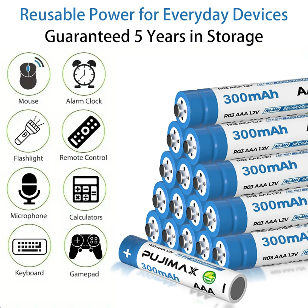 PUJIMAX 16pcs AAA Rechargeable Batteries High Quality 300mAh 1.2V Ni-MH Triple A Batteries for Garden Landscaping Outdoor Solar Lights
