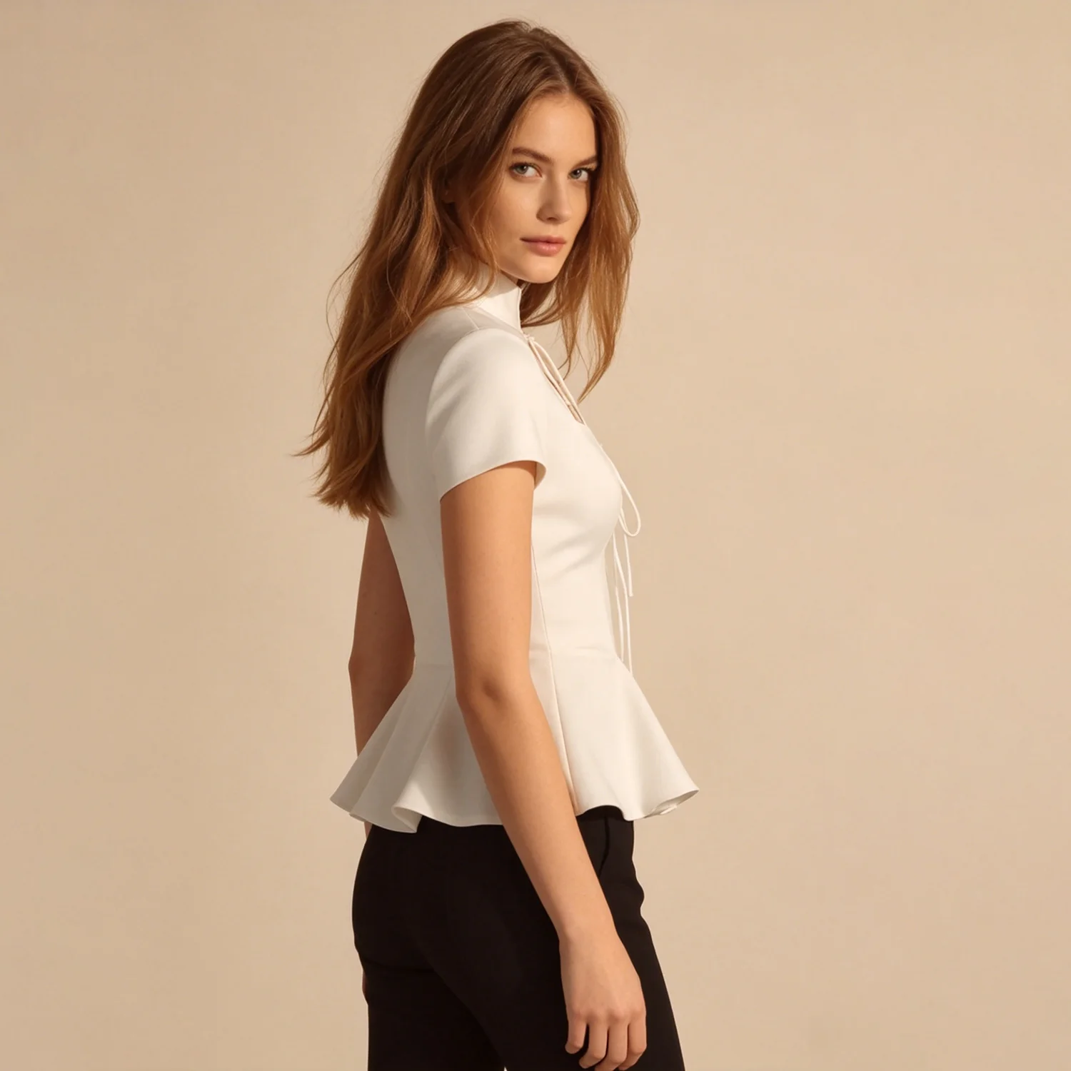 LIMO Elegant White Lace Up Peplum Top, Mandarin Collar Cutout Blouse, Women's Y2K Party Clubwear