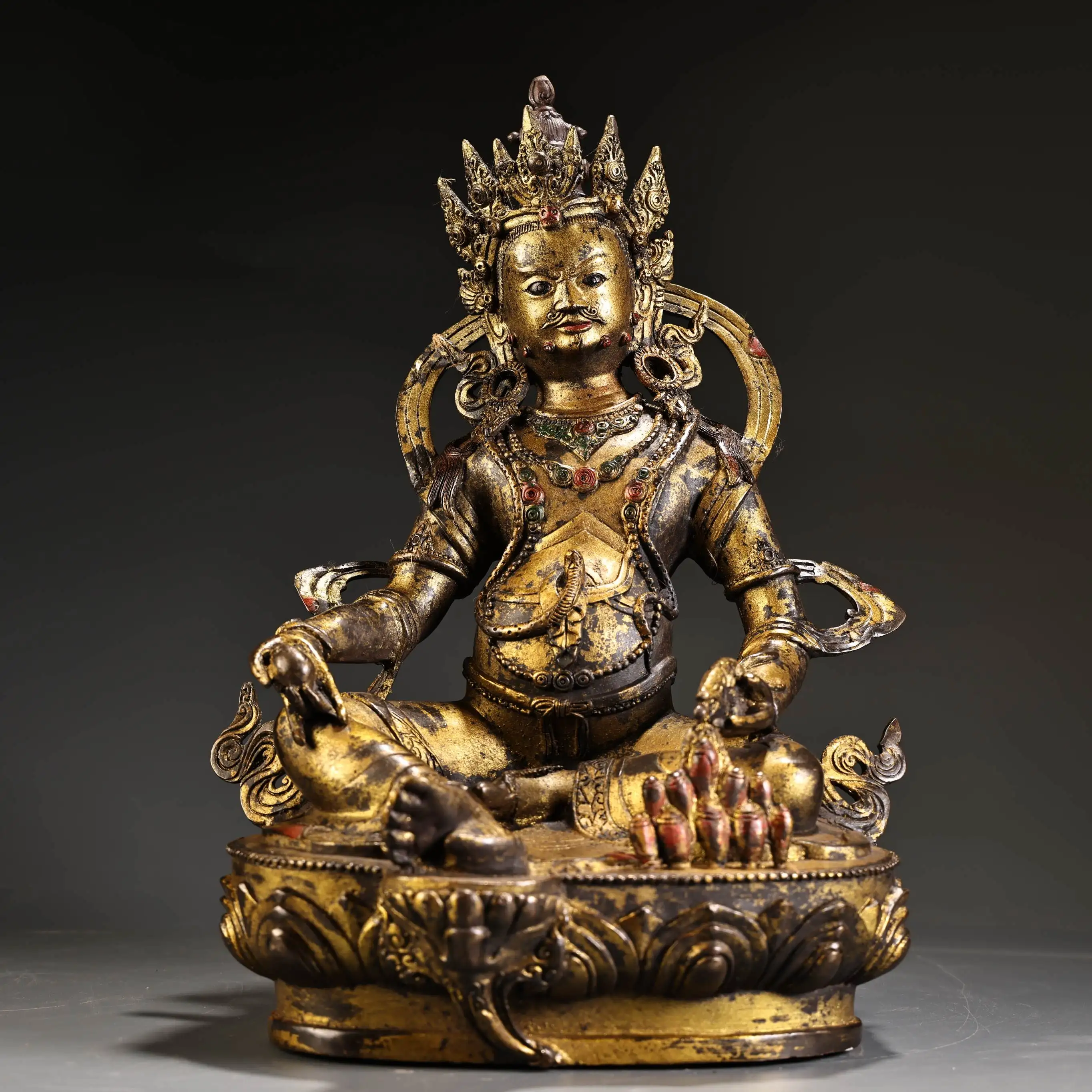 

11"Old China Collections Old Bronze Gilded Cinnabar Mud gold Yellow Jambhala Sitting Buddha Lotus Terrace Worship Hall