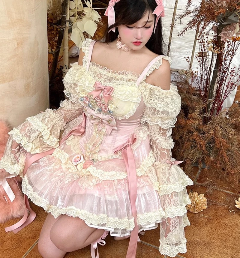 Fairy Exquisite Lace Flower Girl Romantic Style Dress New Spring Summer Women's Sweet Strapless Lace Top and Cake Dress Set