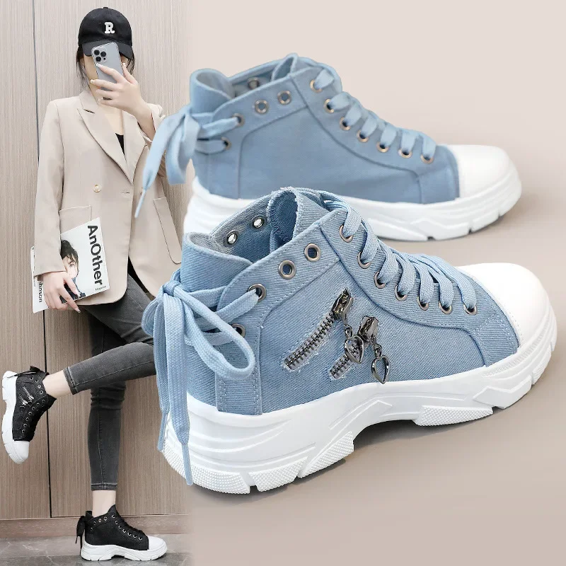 

New Women Plus Sizes Sneakers High Top Female Denim Canvas Shoes Thick Sole Girls Students Ankle Canvas Boots Lace Up