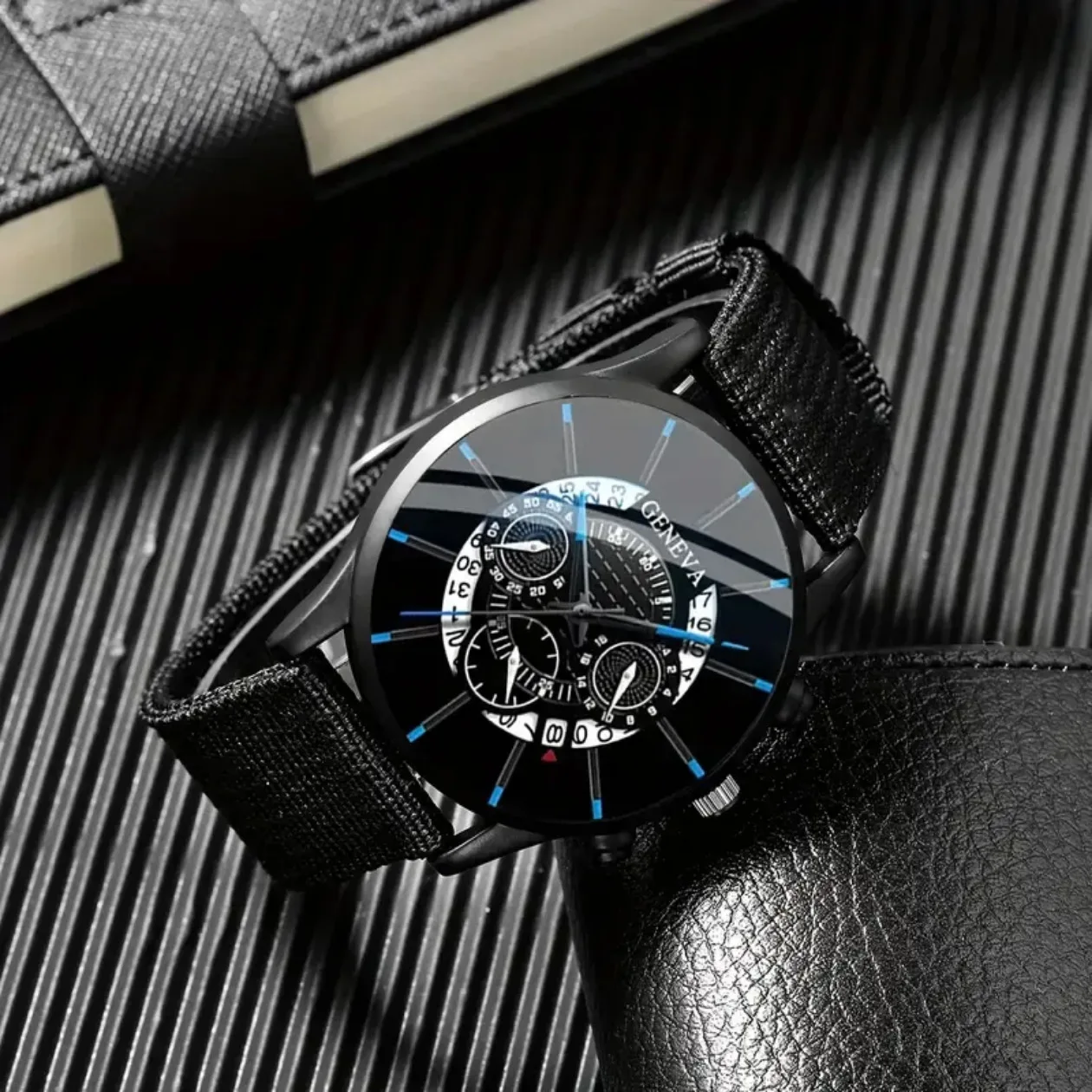 4PCS Men's Business Watches Fashion Leather Band Analog Quartz Watch with Woven Bracelets Set（Without Box）