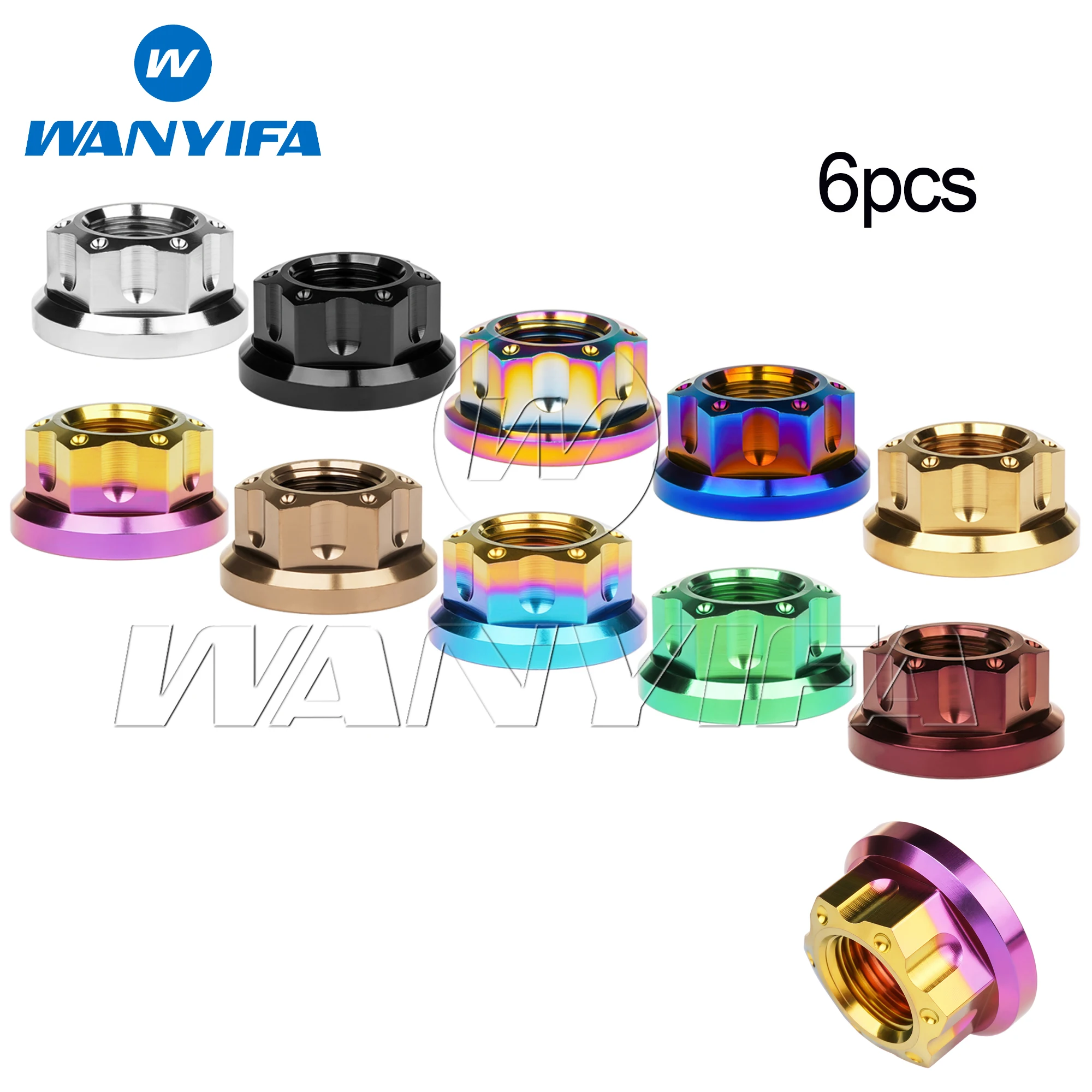 Wanyifa 6pcs Titanium Nuts M6 M8 M10 M12 M14 M16 Fancy Rear Axle Flange Nut for Motor Bicycle RC Car Accessories Ti Fasteners