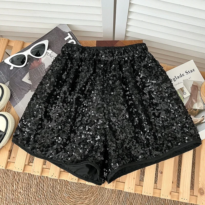 Pantalones cortos de pierna ancha con lentejuelas brillantes para mujer, Shorts de cintura elástica, corte en A, versátiles e informales, A la moda,