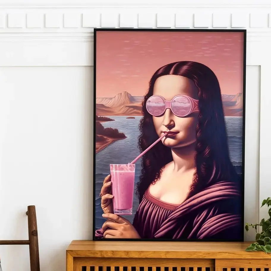 Mona Lisa with Sunglasses Canvas Wall Art, Funny Vintage Pop Art Mona Lisa with Headphones Poster  Print, Quirky Home Decoration