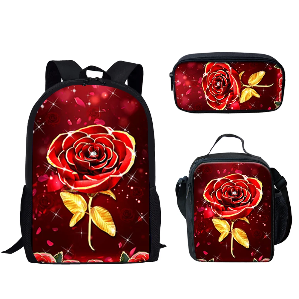 Gothic Red Rose Design Print 3Pcs School Bag Set for Teen Boy Girl Schoolbag for Student Casual Bookbag Large Capacity Backpack