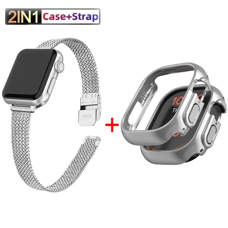 

Тонкий металлический ремешок + чехол для Apple Watch 8 7 6SE 5 4 3 38 40 41 45 49 Миланский ремешок из нержавеющей стали для iwatch 42 44