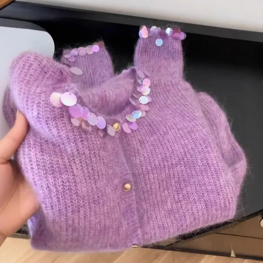 

Female autumn new purple fragrance sequined round neck casual Joker coat top knitted cardigan Korean sweet soft mohair sweater