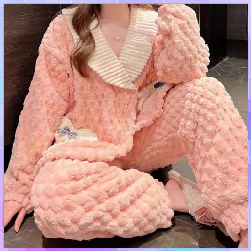 Autumn Winter Cute Women\'s Pajamas Set Plus Velvet Sleepwear Suit Coral Fleece Cartoon Thick Warm Pajama Animal Home Clothes