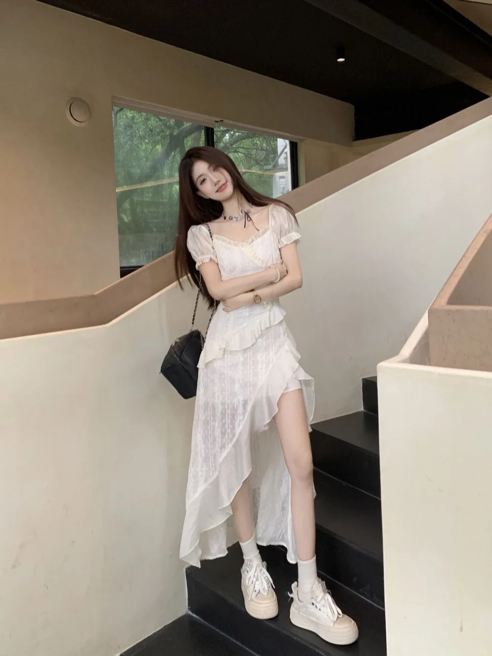 High Quality Hot Selling French White Lace Bubble Sleeve Dress Irregular Waist Cinching Dress Vacation Slit Long Dress Vestido