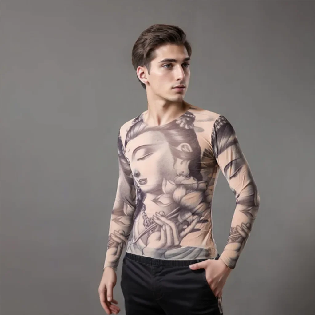 Bling Realistic 3D Tattoo Printed Tee Men Edgy Body Art Long Sleeve Shirt Slim Fit Streetwear Artistic Men\'s Clothing