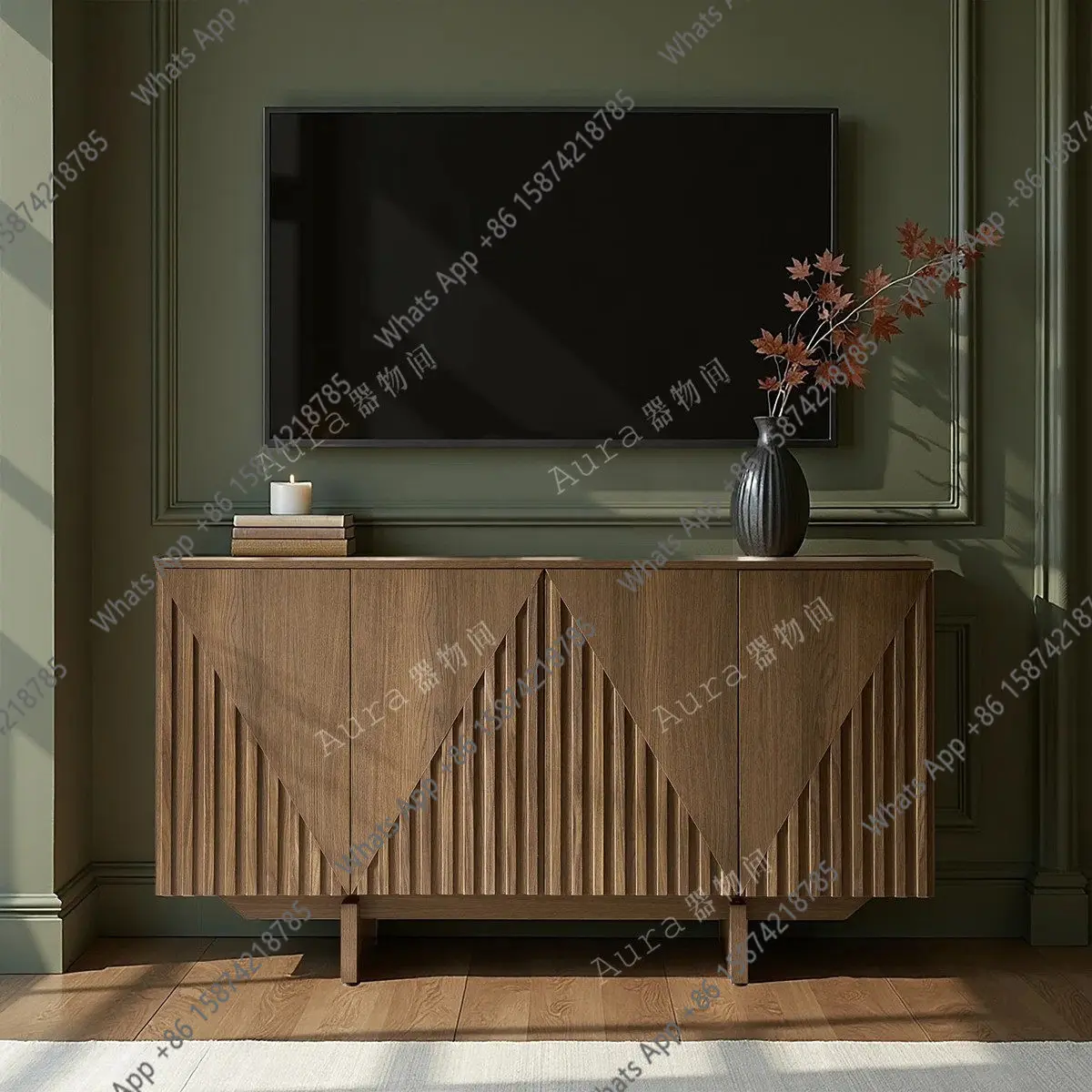 Medieval solid wood dining side cabinet living room geometric texture walnut color decorative retro entrance cabinet TV cabinet