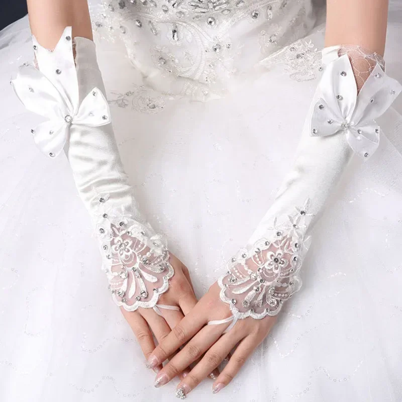 Doigt Floret Bow aught Diamond Gants, Robe de mariée, Manches longues, Satin, Bâton de dentelle, Mariage, Mariée