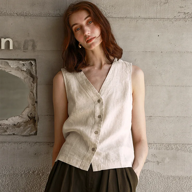

Retro Vintage 100% Linen Women Vest Top V-neck Sleeveless Button Up Summer Casual Fashion High Street Office Lady Chic Waistcoat