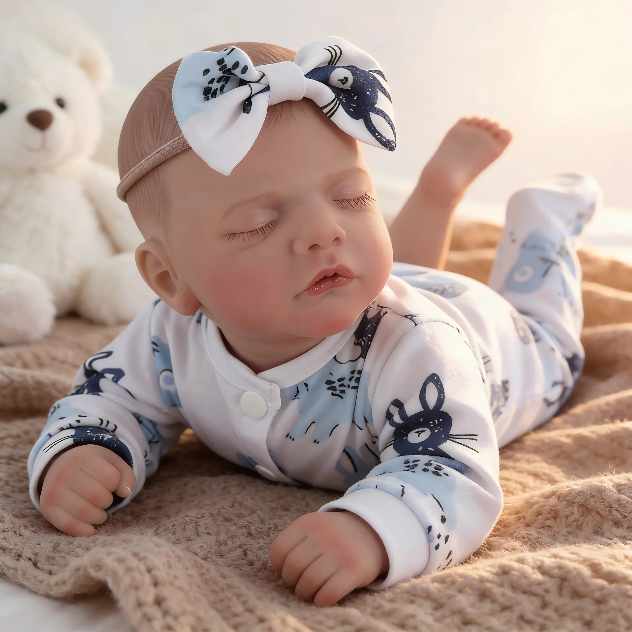 18 Inch Hand-Painted Resurrection Doll with Implanted Lashes Realistic Baby Toy with Rabbit Print Outfit Collectible Display Piece