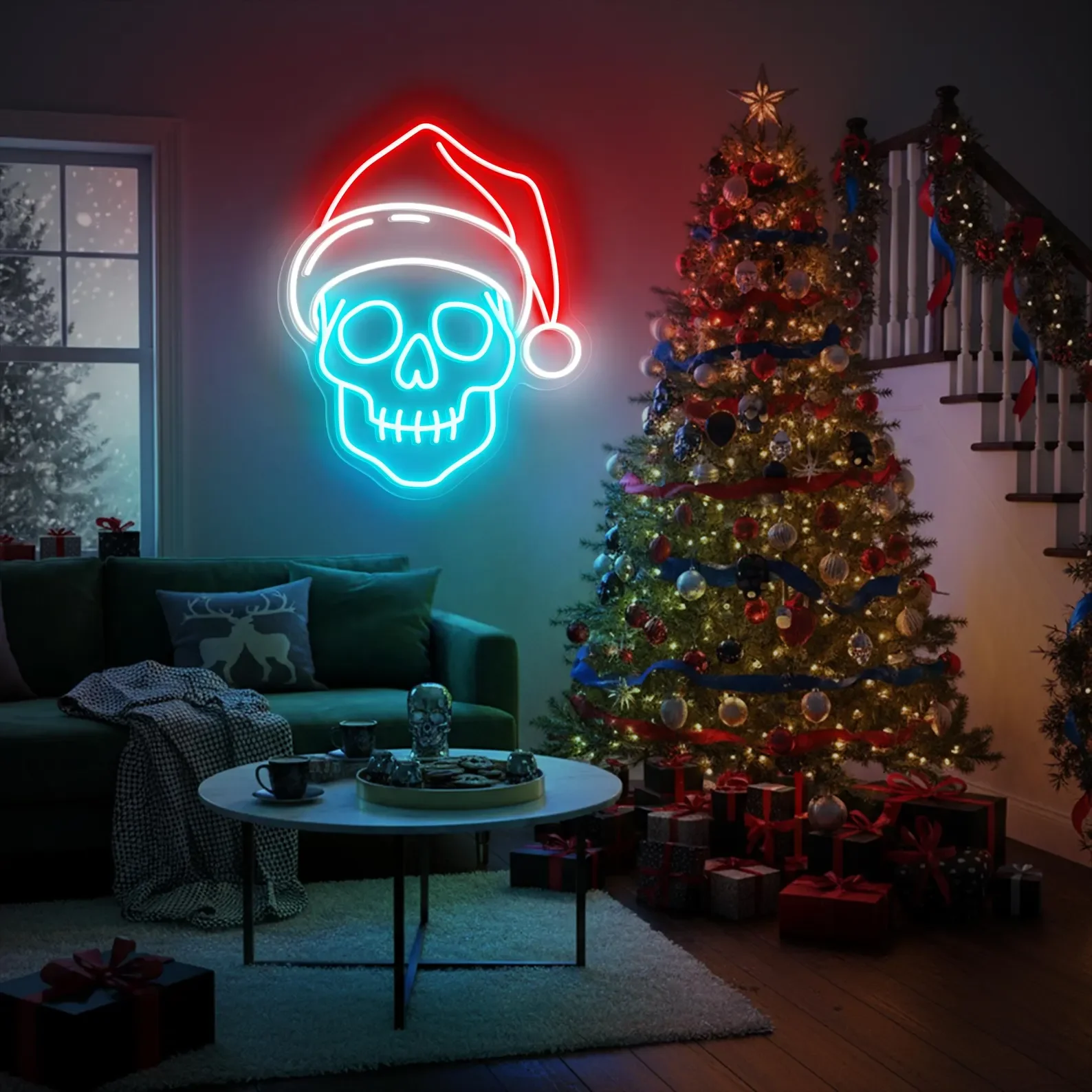 Skull with Santa Hat Neon Sign,Spooky Christmas Wall Light,Gothic Holiday Decor,Creepy Xmas Party Sign,Unique Christmas NeonSign