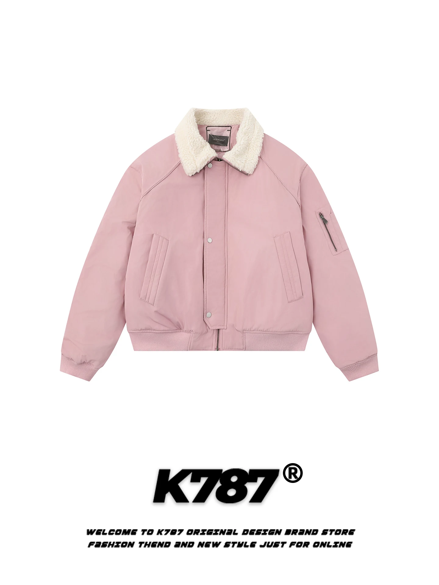 

Куртка унисекс K787 в американском ретро-стиле с воротником из овечьей шерсти, утепленная, теплая, хлопковая, розовая, верхняя одежда