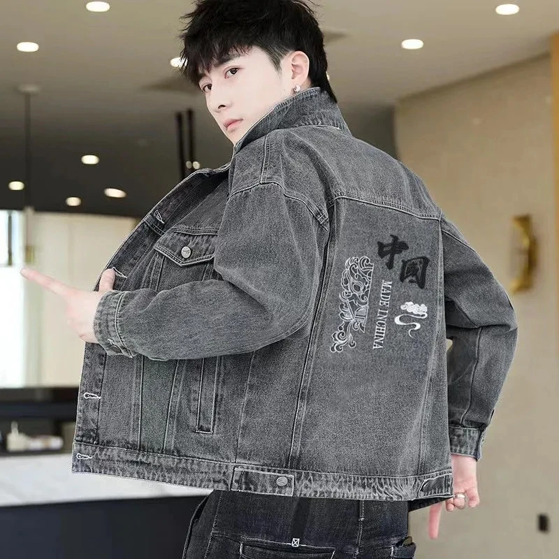 

Denim Coat Men's Casual Embroidery Jeans Jacket Spring Autumn Lapel Single Breasted Chaqueta Vaquera Pocket Outerwear