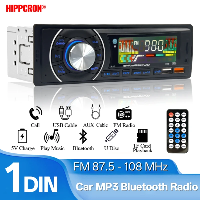 HIPPCRON راديو السيارة 1din بلوتوث الصوت ستيريو FM استقبال مشغل MP3 الرقمي 12 فولت دعم المزدوج USB AUX المدخلات TF بطاقة